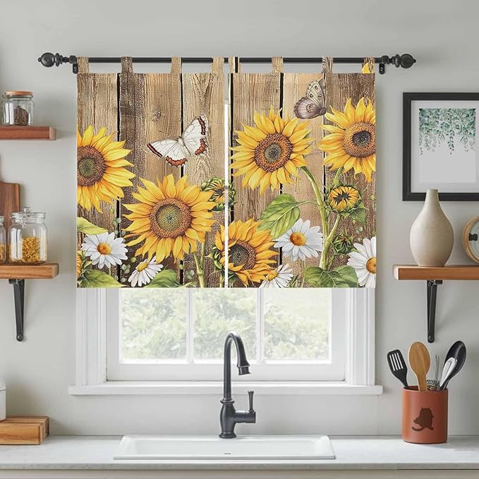 Farmhouse Sunflowers Bedroom Curtains 63 Inch Length, Window Curtains Tab Top, Rustic Floral Buttterfly Wood Board Brown Light Filtering Window Treatments Drapes 42"x63" 2 Panel