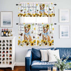 Kitchen Curtains Tiers and Valance Set of 3, Sunflowers Dog Light Filtering Window Curtain Set, Spring Watercolor Floral Stars Colorful Plaid Rod Pocket Curtain Drapes for Living Room, 24 Inches Tiers