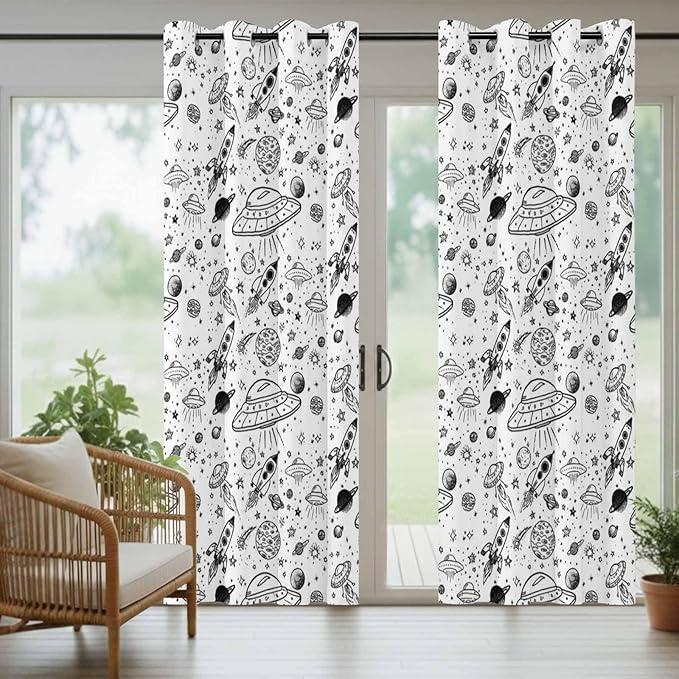 Cartoon Space Outdoor Curtains for Patio Rockets Astronauts Planets Black Waterproof Outside Curtains with Grommet Top Weatherproof Curtain for Cabana Pergola Gazebo, 1 Panel, 54" W x 95" L