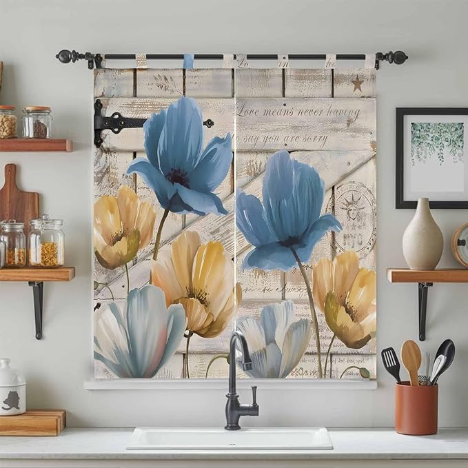 Blue Yellow Tulips Living Room Curtains 84 Inch Length, Window Curtains Tab Top, Retro Farmhouse Flower Barn Doors Wooden Light Filtering Window Treatments Drapes 42"x84" 2 Panel