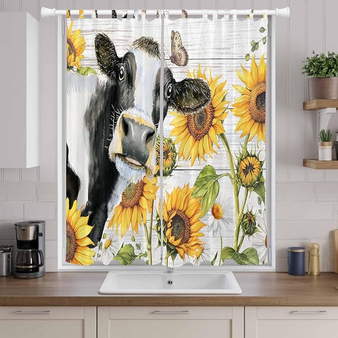 Retro Farmhouse Floral Living Room Curtains 84 Inch Length, Window Curtains Tab Top, Yellow Sunflowers Cows Butterfly Wood Light Filtering Window Treatments Drapes 52"x84" 2 Panel