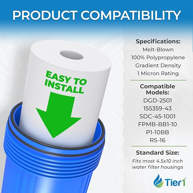 Tier1 1 Micron 10x4.5 Water Filter | Spun Wound Polypropylene Whole House Sediment Water Filter | Replacement for Pentek DGD-2501, 155359-43, SDC-45-1001, P1-10BB | 4.5 x 10 Water Filter Cartridge
