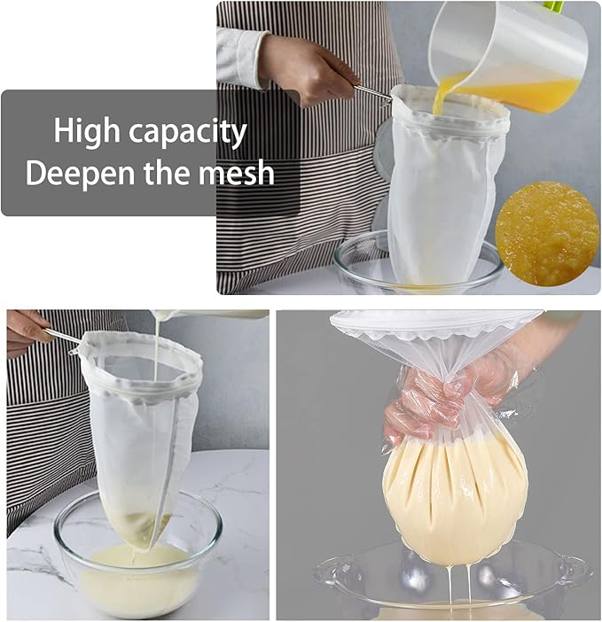 WMKGG Ultra Fine Mesh Strainer Bags, Reusable Mesh Filter Bags with Stainless Steel Handle Frame for Filter NutMilk, Coffee, Milk, Butter, Juices and Fresh Cheese (Small Size)