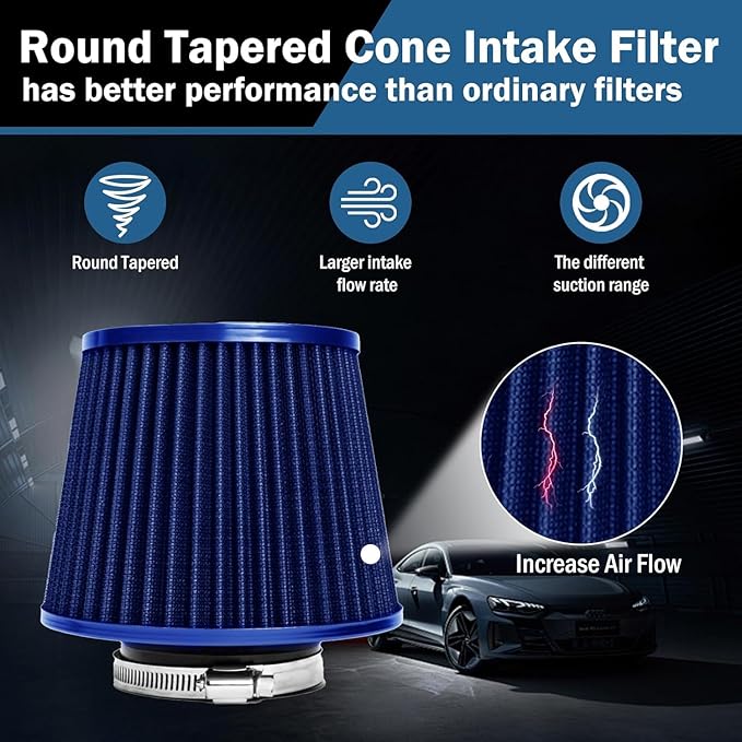 Universal Clamp-On Air Intake Filter, High Performance, Washable Filter, Replacement Air Filter, Flange Diameter 3.5inch/89mm (Blue)