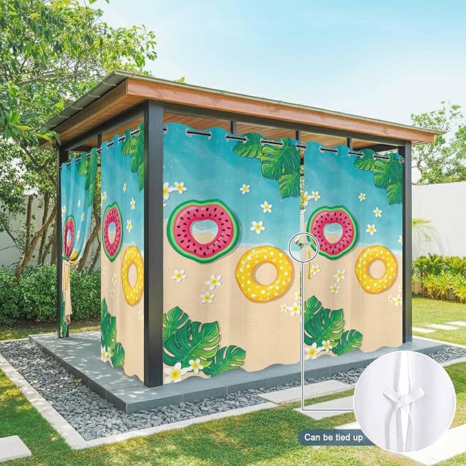 Summer Outdoor Curtains for Patio Plumeria Swimming Circles Ocean Beach Waterproof Outside Curtains with Grommet Top Weatherproof Curtain for Cabana Pergola Gazebo, 2 Pack, 54" W x 84" L