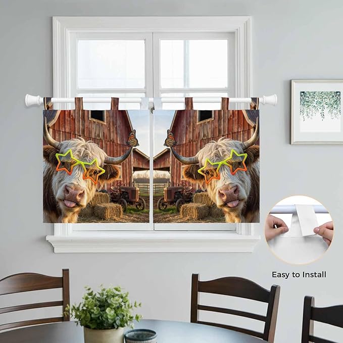 Farm Yaks Kitchen Curtains 24 Inch Length, Small Window Curtains Tab Top, Farmhouse Barn Funny Animals Butterfly Light Filtering Short Window Treatments Tier Drapes 27.5"x24" 2 Panel