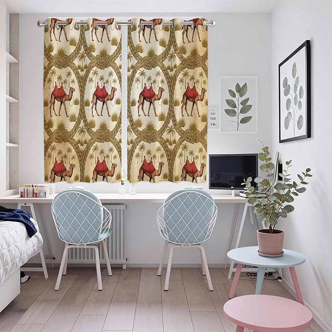 2 Panel Kitchen Cafe Curtains, Brown Desert Camels Sunlight Filtering Nature Air Through, Window Decor Tier Curtains for Living Room 104W x 63L inch Tropical Date Coconut Trees Cords Leaves