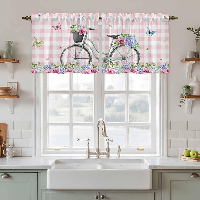Spring Tier Curtains, Bicycles Leaves Butterfly Flowers Pink Buffalo Plaid Light Filtering Kitchen Curtains, 2Pcs Rod Pocket Half Window Treatments Panels for Sink Cafe Cabinet Camper 27.5x36 Inches