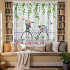 Spring Kitchen Curtains, Bicycles Botanical Leaves Rose Colorful Stripes Light Filtering Window Curtain Panels, 2Pcs Rod Pocket Window Treatments Set for Living Room Bathroom Bedroom 42x63 Inches
