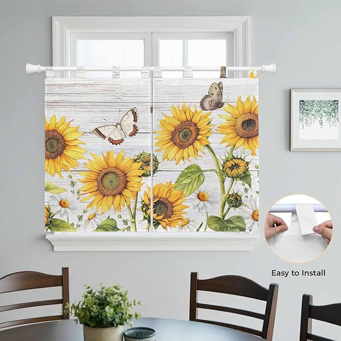 Yellow Sunflowers Kitchen Curtains 45 Inch Length, Short Cafe Window Curtains Tab Top, Vintage Country Flowers Butterfly Wood Board Light Filtering Window Treatments Tier Drapes 27.5"x45" 2 Panel
