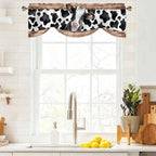 Cow Printed Tie Up Valance Curtains for Windows, Kitchen Curtains Window Shades, Farmhouse Watercolor Country Wooden Grain Light Filtering Roman Curtain Valances for Bedroom/Bathroom/Cafe 42"x18"
