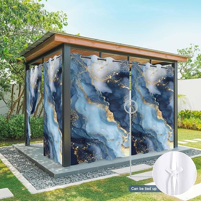 Marble Texture Outdoor Curtains for Patio Abstract Gradient Blue Golden Gorgeous Waterproof Outside Curtains with Grommet Top Weatherproof Curtain for Cabana Pergola Gazebo, 1 Panel, 54" W x 84" L