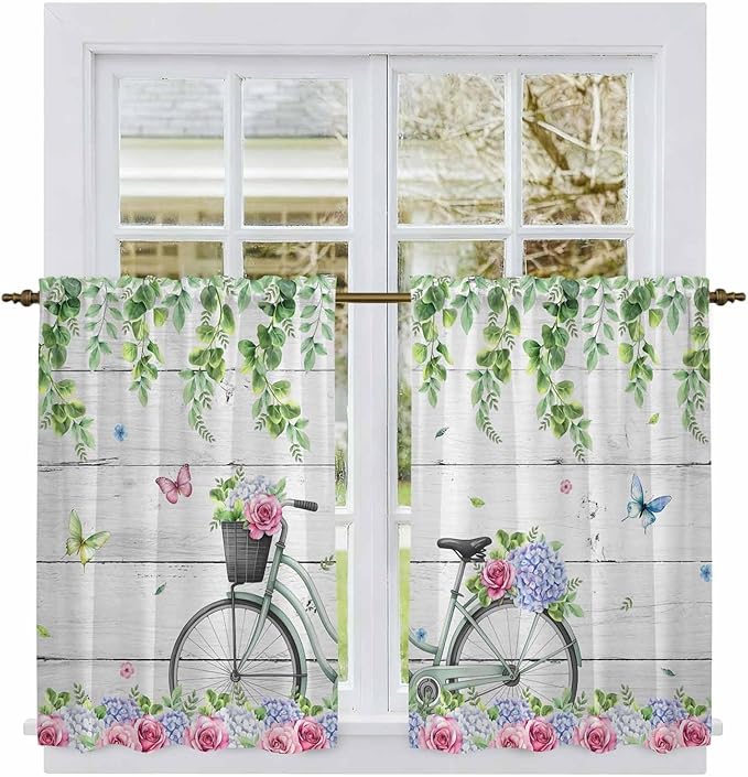 Spring Kitchen Curtains, Bicycles Botanical Rose Leaves Butterfly Wood Grain Light Filtering Window Curtain Panels, 2Pcs Rod Pocket Window Treatments Set for Cabin Bathroom Bedroom 52x45 Inches