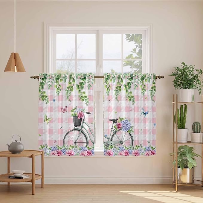 Spring Kitchen Curtains, Bicycles Leaves Butterfly Flowers Pink Buffalo Plaid Light Filtering Window Curtain Panels, 2Pcs Rod Pocket Window Treatments Set for Cabin Bathroom Bedroom 52x45 Inches