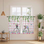 Spring Kitchen Curtains, Bicycles Leaves Butterfly Flowers Pink Buffalo Plaid Light Filtering Window Curtain Panels, 2Pcs Rod Pocket Window Treatments Set for RV Dining Room Study Room 42x54 Inches