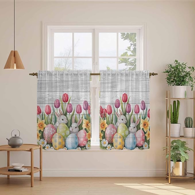 Easter Kitchen Curtains 45 Inch Long 2 Panel Set, Rod Pocket Window Treatment, Retro Spring Bunny Eggs Tulip Farm Wooden Grain Light Filtering Panels Short Drapes for Bathroom Camper 42"W x 45"L