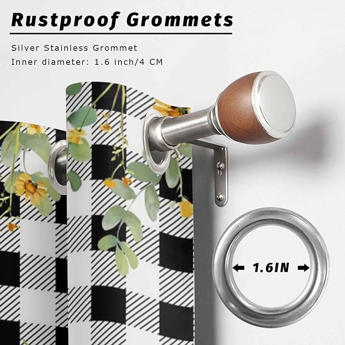 Sunflowers Outdoor Curtains for Patio Summer Floral Eucalyptus Leaf Buffalo Check Waterproof Outside Curtains with Grommet Top Weatherproof Curtain for Cabana Pergola Gazebo, 1 Panel, 54" W x 84" L