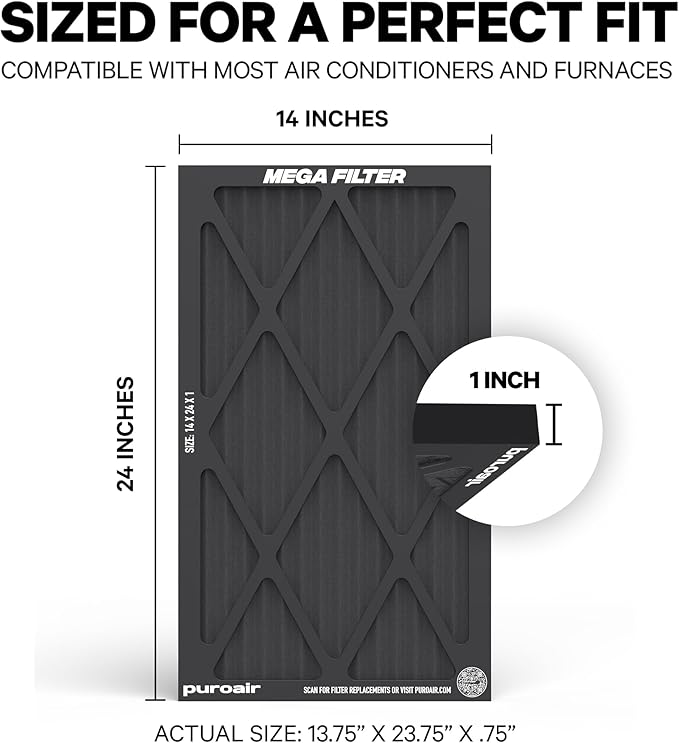 PuroAir MegaFilter - 14x24x1 Air Filter MERV 13 Activated CarbonTech Defense - Heavy Duty 3 Layer Furnace Filters Allergens, Pollen, Dust, Pet Dander, Smoke, Odors - HVAC Air Filter 14x24x1 (1-Pack)