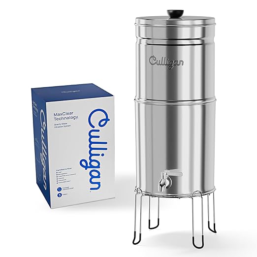 Culligan MaxClear 3 Gallon Gravity Water Filter System, Polished Stainless-Steel Countertop Water Filter NSF/ANSI Certified to Reduce Microplastics, Lead & Total PFAS, with 1 Ceramic Filter