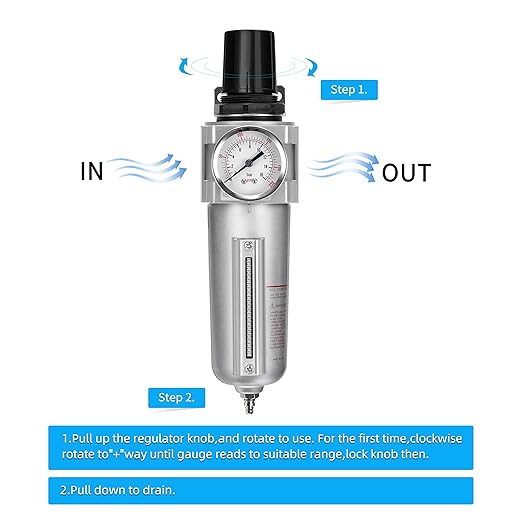 NANPU Industrial Grade Heavy Duty Particulate Filter & Air Regulator, Metal Bowl, Suitable for Paint Spray (1/2" NPT, Auto Drain)
