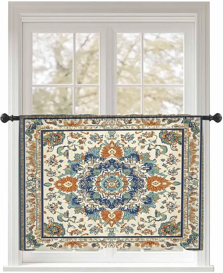 Sheer Curtains 45 Inch Length, Southwest Farmhouse Semi Sheer Curtains Light Filtering Window Treatment, Orange Blue Desert Bohemian Privacy Voile Drapes for Living Room Bedroom 52x45 Inch