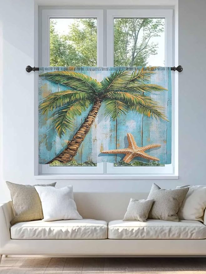 Sheer Curtains 54 Inch Length, Coastal Beach Tree Semi Sheer Curtains Light Filtering Window Treatment, Summer Tropical Starfish Wood Grain Privacy Voile Drapes for Living Room Bedroom 52x54 Inch
