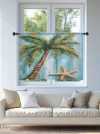 Sheer Curtains 45 Inch Length, Coastal Beach Tree Semi Sheer Curtains Light Filtering Window Treatment, Summer Tropical Starfish Wood Grain Privacy Voile Drapes for Living Room Bedroom 52x45 Inch