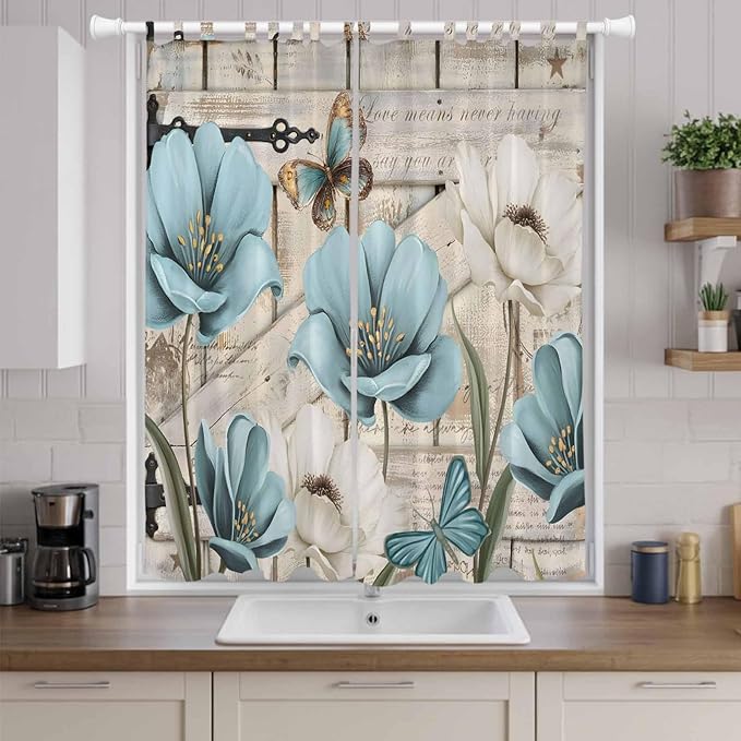 Teal Blue Tulips Living Room Curtains 96 Inch Length, Window Curtains Tab Top, Spring Floral Barn Doors Vintage Wood Beige Light Filtering Window Treatments Drapes 52"x96" 2 Panel