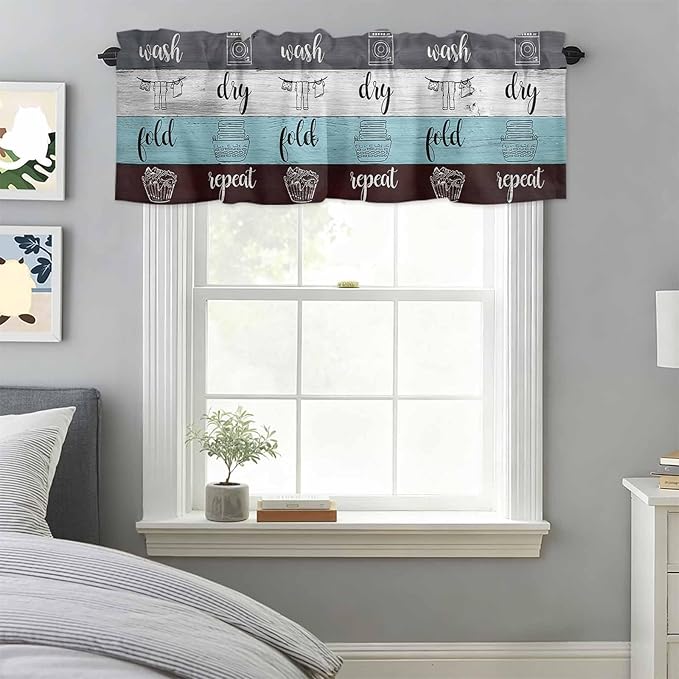 Laundry Rules Valances for Windows, Retro Blue White Wood Board Grain Kitchen Valance Light Filtering Rod Pocket Short Curtains for Kitchen Bathroom, 1 Panel, 54"x18"