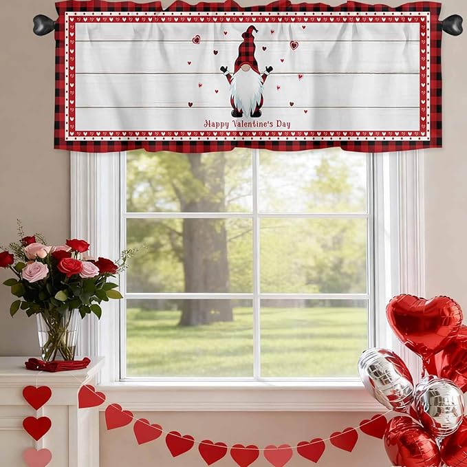 Valentine's Day Valance Curtains for Kitchen, Gnome Red Love Plaid Wood Grain Privacy Rod Pocket Valance Curtain, Light-Filtering Window Treatment for Bedroom Bathroom, 42"x18"