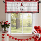 Valentine's Day Valance Curtains for Kitchen, Gnome Red Love Plaid Wood Grain Privacy Rod Pocket Valance Curtain, Light-Filtering Window Treatment for Bedroom Bathroom, 42"x12"