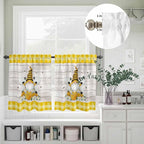 Yellow Gnomes Kitchen Curtains Set 3 Piece for Windows, Rod Pocket Valance and Tier Set 36 Inch Length, Spring Bees Daisy Plaid Wooden Grain Light Filtering Cafe Curtains for Living Room Bathroom