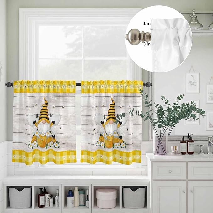 Yellow Gnomes Kitchen Curtains Set 3 Piece for Windows, Rod Pocket Valance and Tier Set 24 Inch Length, Spring Bees Daisy Plaid Wooden Grain Light Filtering Cafe Curtains for Living Room Bathroom