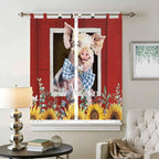 Pig Sunflowers Bedroom Curtains 72 Inch Length, Window Curtains Tab Top, Eucalyptus Leaves Floral Bees Red Barn Light Filtering Window Treatments Drapes 52"x72" 2 Panel
