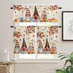 Fall Kitchen Curtain Set, Thanksgiving Gnomes Maple Leaf Pumpkin Beige Window Valance and Tiers 24" Length, Light Filtering Short Curtains Valance for Cafe Bathroom Bedroom 54"x18"