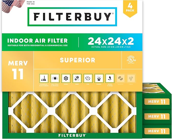 Filterbuy 24x24x2 Air Filter MERV 11 Superior Pet & Allergy Defense (4-Pack), Electrostatic Pleated HVAC AC Furnace Filters Replacement, Made in USA (Actual Size: 23.38 x 23.38 x 1.75)