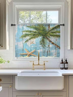 Sheer Curtains 54 Inch Length, Coastal Beach Blue Semi Sheer Curtains Light Filtering Window Treatment, Tropical Coconut Tree Vintage Wood Grain Privacy Voile Drapes for Living Room Bedroom 52x54 Inch