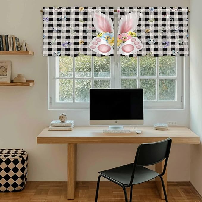 Easter Kitchen Tier Curtains 36 Inch Long 2 Panel Set,Rod Pocket Half Window Curtains Over Sink,Spring Rabbits Ears Feet Wildflowers Black Plaid Light Filtering Short Drapes Cafe 27.5"W x 36"L