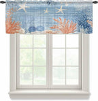 Ocean Corals Sheer Valance Curtains, Summer Beach Coral Sea Stars Blue Stripes Light Filtering Kitchen Valances Rod Pocket Voile Curtain Window Treatment for Bedroom/Living Room/Basement 60Wx18L