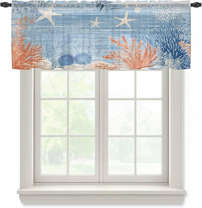 Ocean Corals Sheer Valance Curtains, Summer Beach Coral Sea Stars Blue Stripes Light Filtering Kitchen Valances Rod Pocket Voile Curtain Window Treatment for Bedroom/Living Room/Basement 54Wx18L