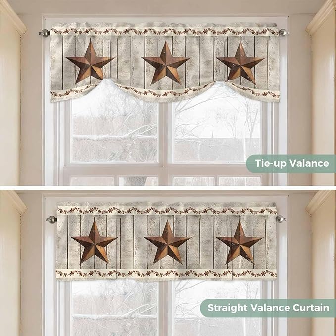 Western Texas Star Retro Tie Up Valance Curtains for Windows, Kitchen Curtains Window Shades, Country Farmhouse Gray Wood Grain Light Filtering Roman Curtain Valances for Bedroom/Bathroom/Cafe 42"x12"