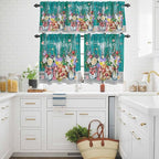 Kitchen Curtains Tiers and Valance Set of 3, Spring Flowers Light Filtering Window Curtain Set, Farmhouse Watercolor Teal Wood Grain Rod Pocket Curtain Drapes for Cafe, Living Room, 36 Inches Tiers