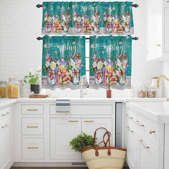 Spring Flowers Kitchen Curtains Set 3 Piece for Windows, Rod Pocket Valance and Tier Set 24 Inch Length, Farmhouse Watercolor Teal Wood Grain Light Filtering Cafe Curtains for Living Room Bathroom