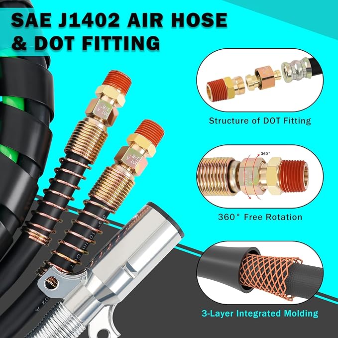 CheeMuii 12FT Semi Truck Air Line Kit with Gladhands Air Line Holder and Springs Kit 7 Way Trailer Cord and Air Brake Hoses 3-in-1 Air Lines Set for Semi Truck Trailer Tractor