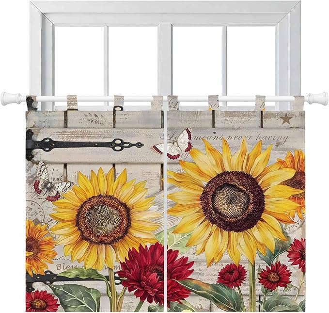 Red Yellow Sunflowers Kitchen Curtains 45 Inch Length, Short Cafe Window Curtains Tab Top, Retro Rustic Barn Doors Butterfly Brown Light Filtering Window Treatments Tier Drapes 27.5"x45" 2 Panel