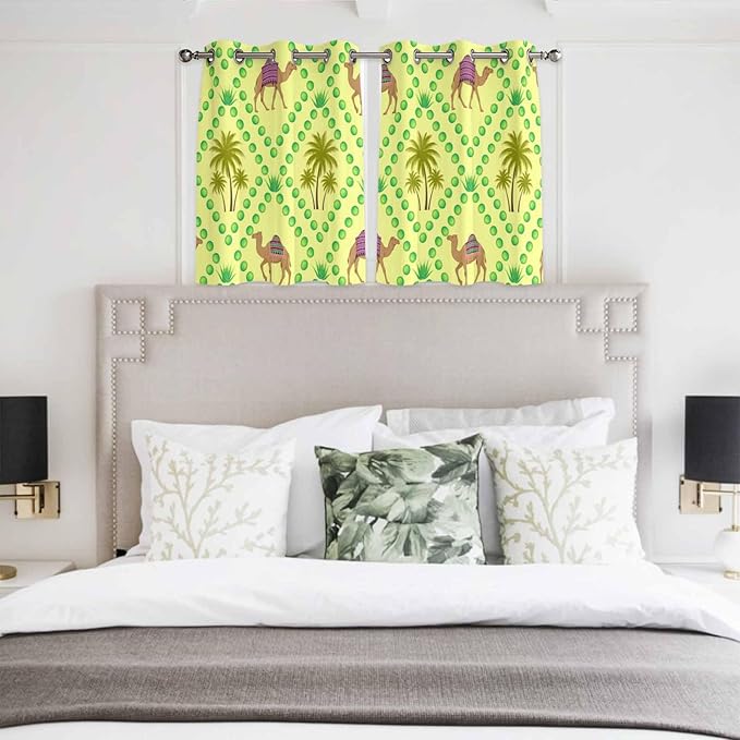 2 Panel Kitchen Cafe Curtains, Desert Sand Camels Sunlight Filtering Nature Air Through, Home Decor Window Covering Tier Curtains for Bedroom Living Room Palm Trees Tropical Plants Polka Dot Yellow