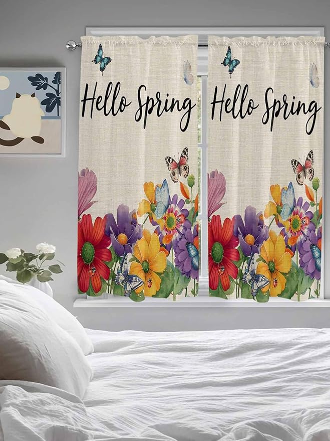 Spring Flowers Bedroom Curtains 63 Inches length, Farmhouse Vintage Country Colorful Floral Window Treatment Curtain Drapes, Rod Pocket Curtain Panels for Living Room Kitchen, 42"x63", 2 Panels