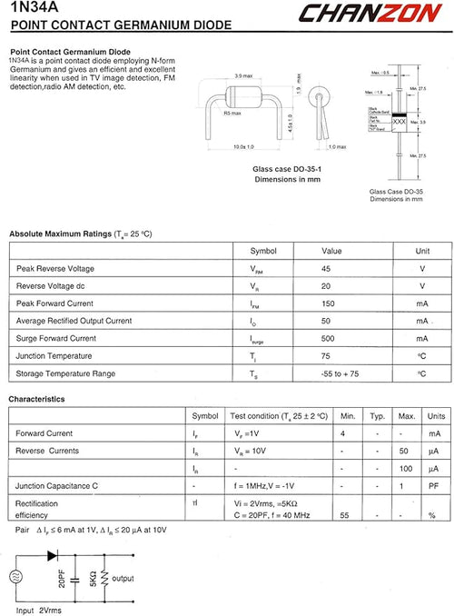 (Pack of 20 Pieces) Chanzon 1N34A 1N34 Schottky Diode 50mA 65V DO-35 (DO-204AH) IN34A IN34 Axial for TV FM AM Radio Detection