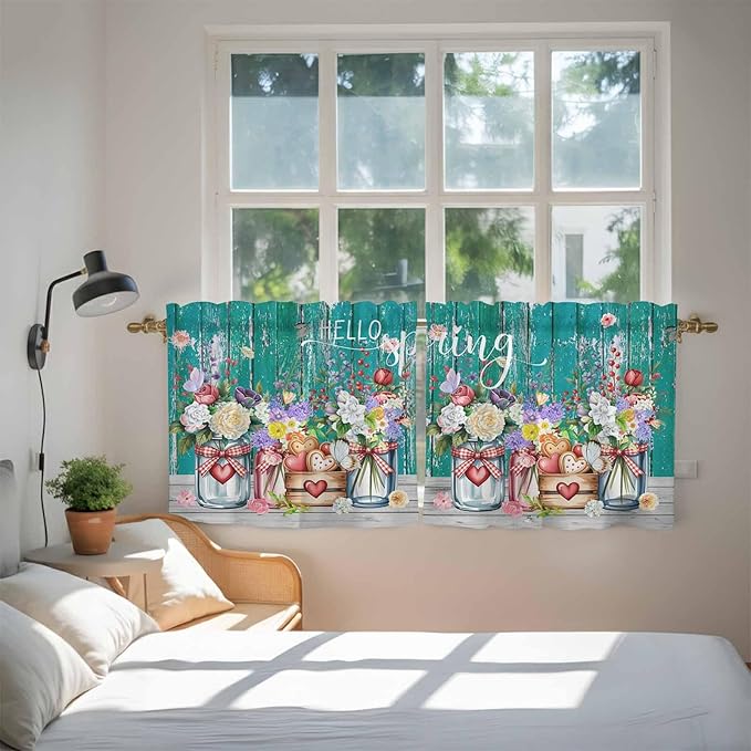 Spring Flowers Tier Curtains, Farmhouse Watercolor Teal Wood Grain Light Filtering Kitchen Curtains, 2Pcs Rod Pocket Half Window Treatments Panels for Sink Cafe Cabinet Camper 27.5x36 Inches