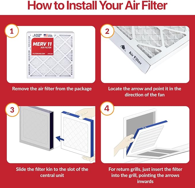 Filter King 12x12x1 Air Filter | 4-PACK | MERV 11 HVAC Pleated A/C Furnace Filters | MADE IN USA | Actual Size: 11.5 x 11.5 x .75"